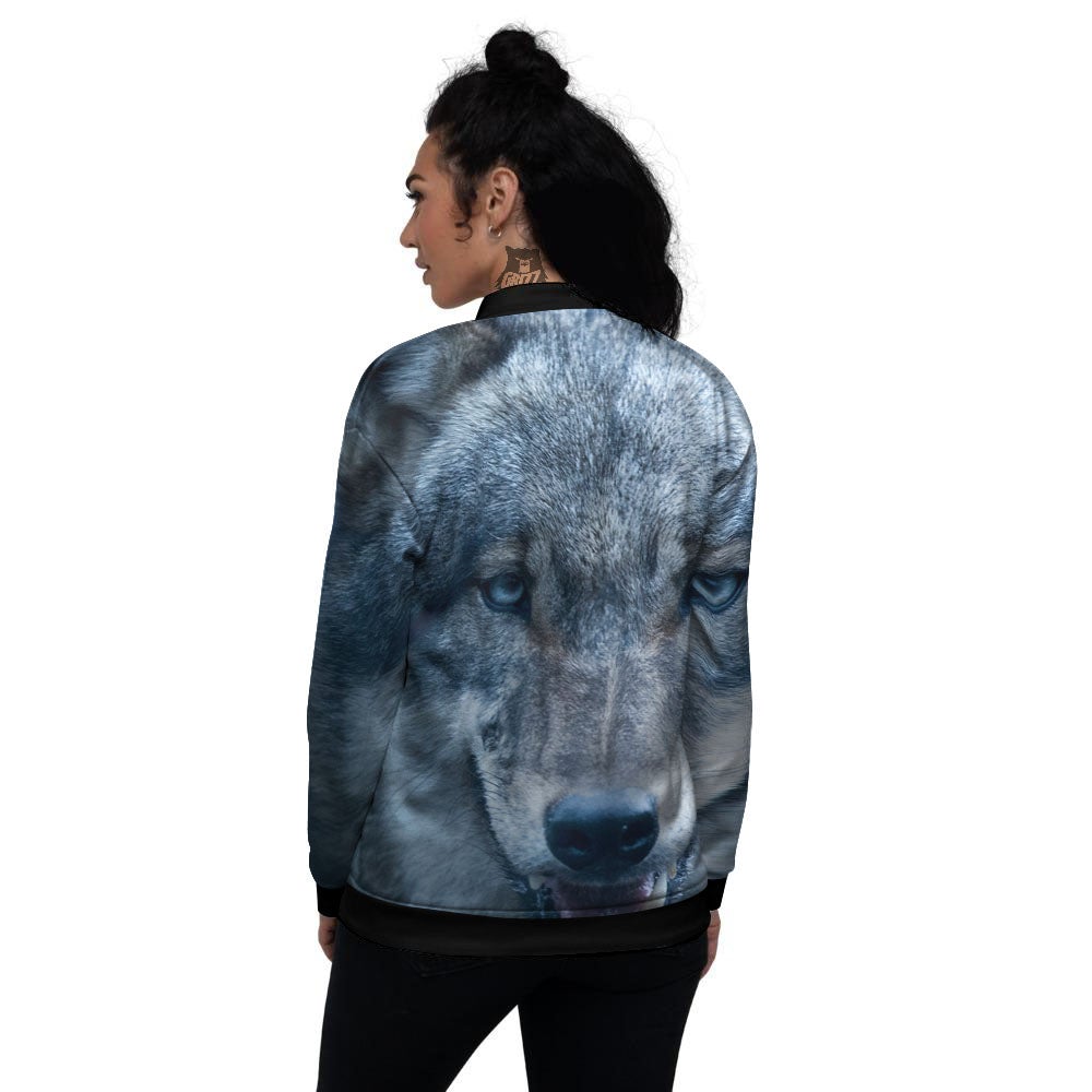 Wolf White And Navy Print Women's Bomber Jacket-grizzshop