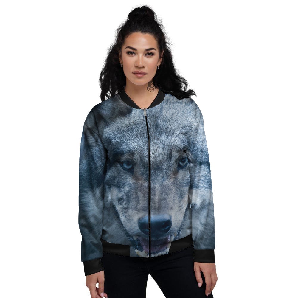 Wolf White And Navy Print Women's Bomber Jacket-grizzshop