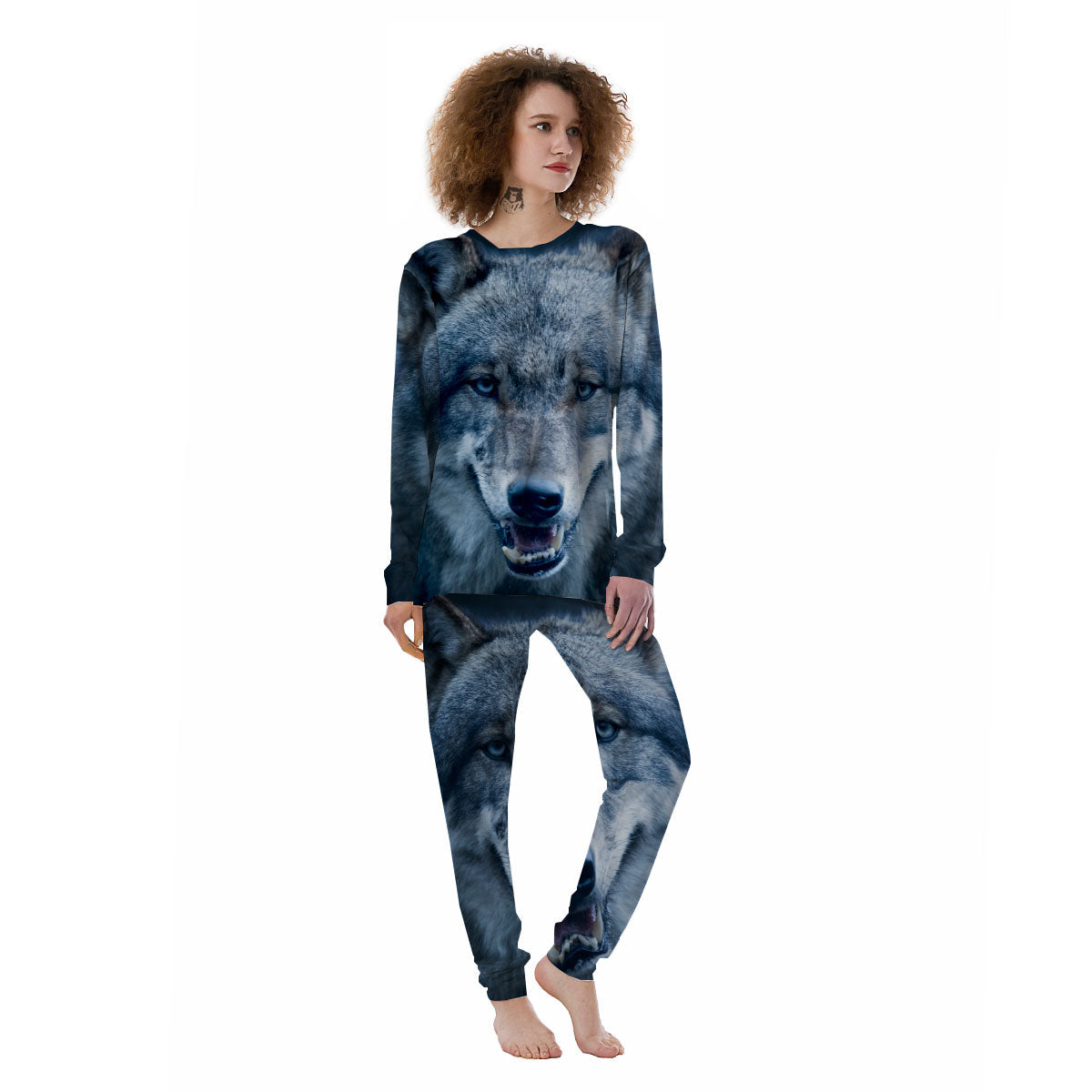 Wolf White And Navy Print Women's Pajamas-grizzshop