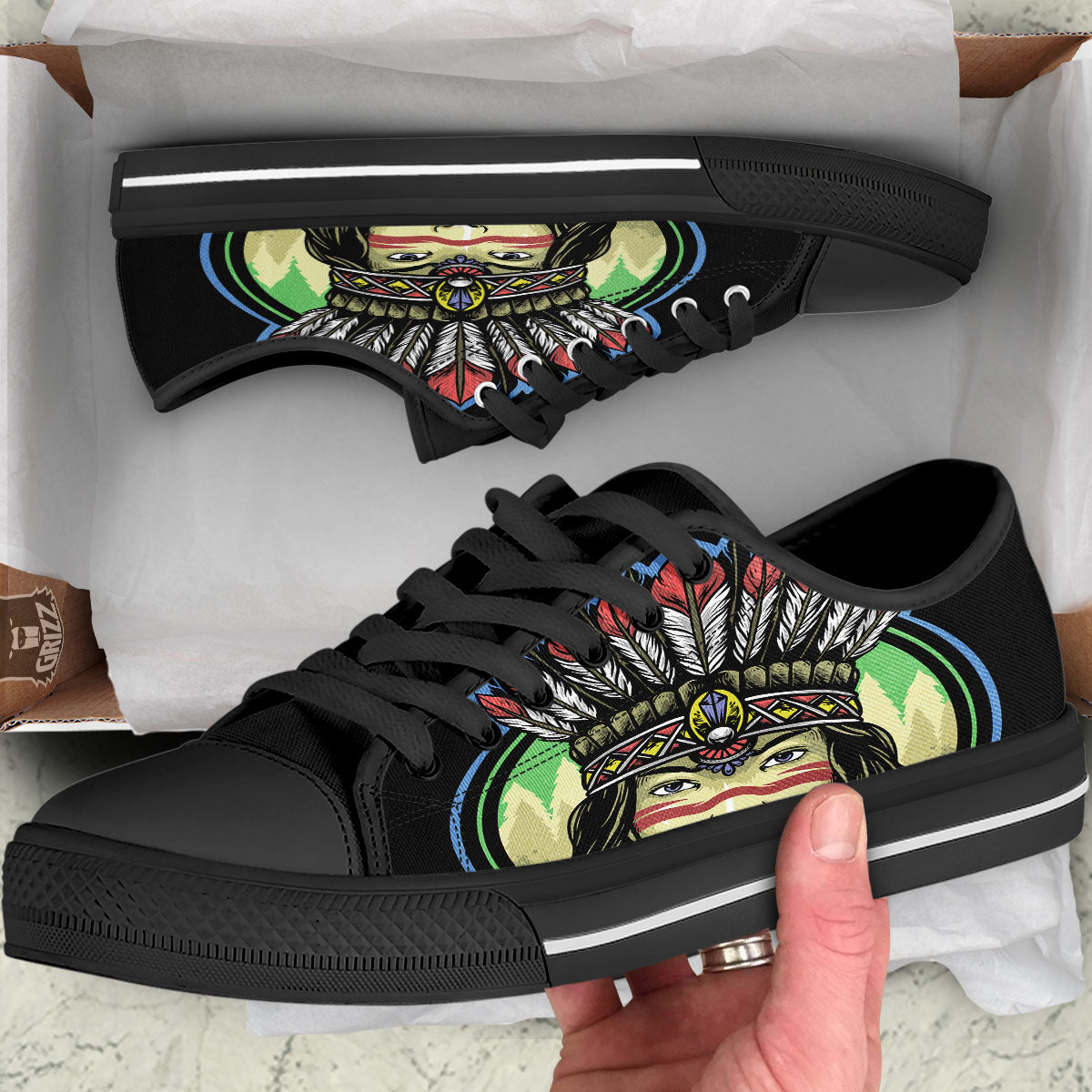 Woman Portrait Native Indian Print Black Low Top Shoes-grizzshop