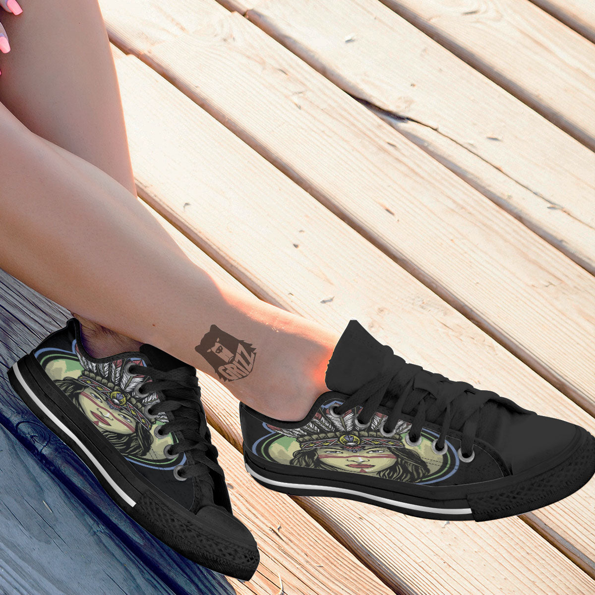Woman Portrait Native Indian Print Black Low Top Shoes-grizzshop