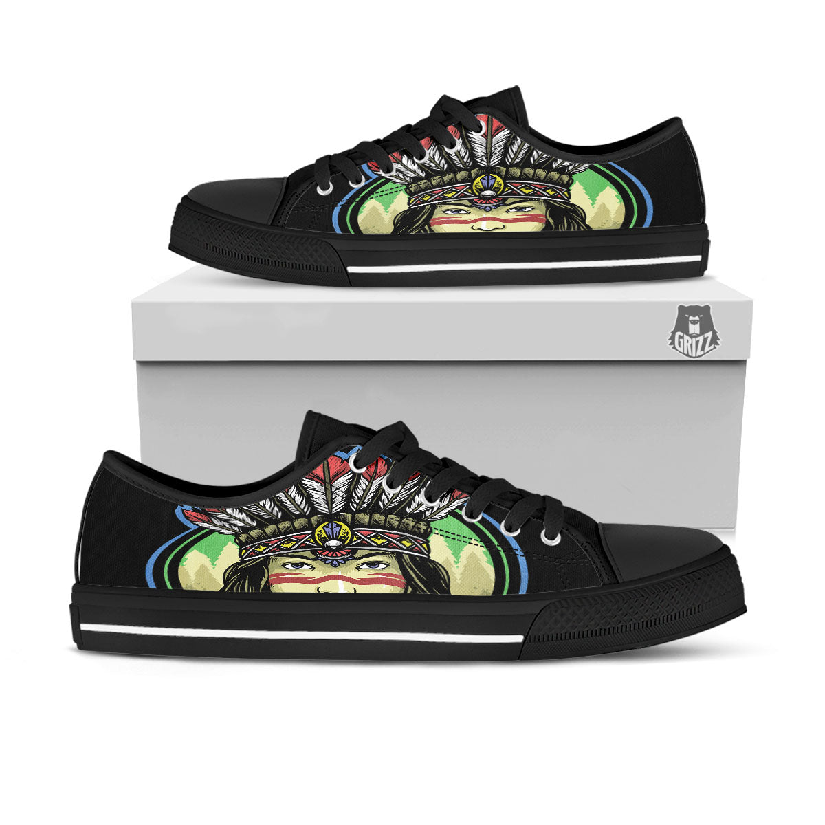 Woman Portrait Native Indian Print Black Low Top Shoes-grizzshop