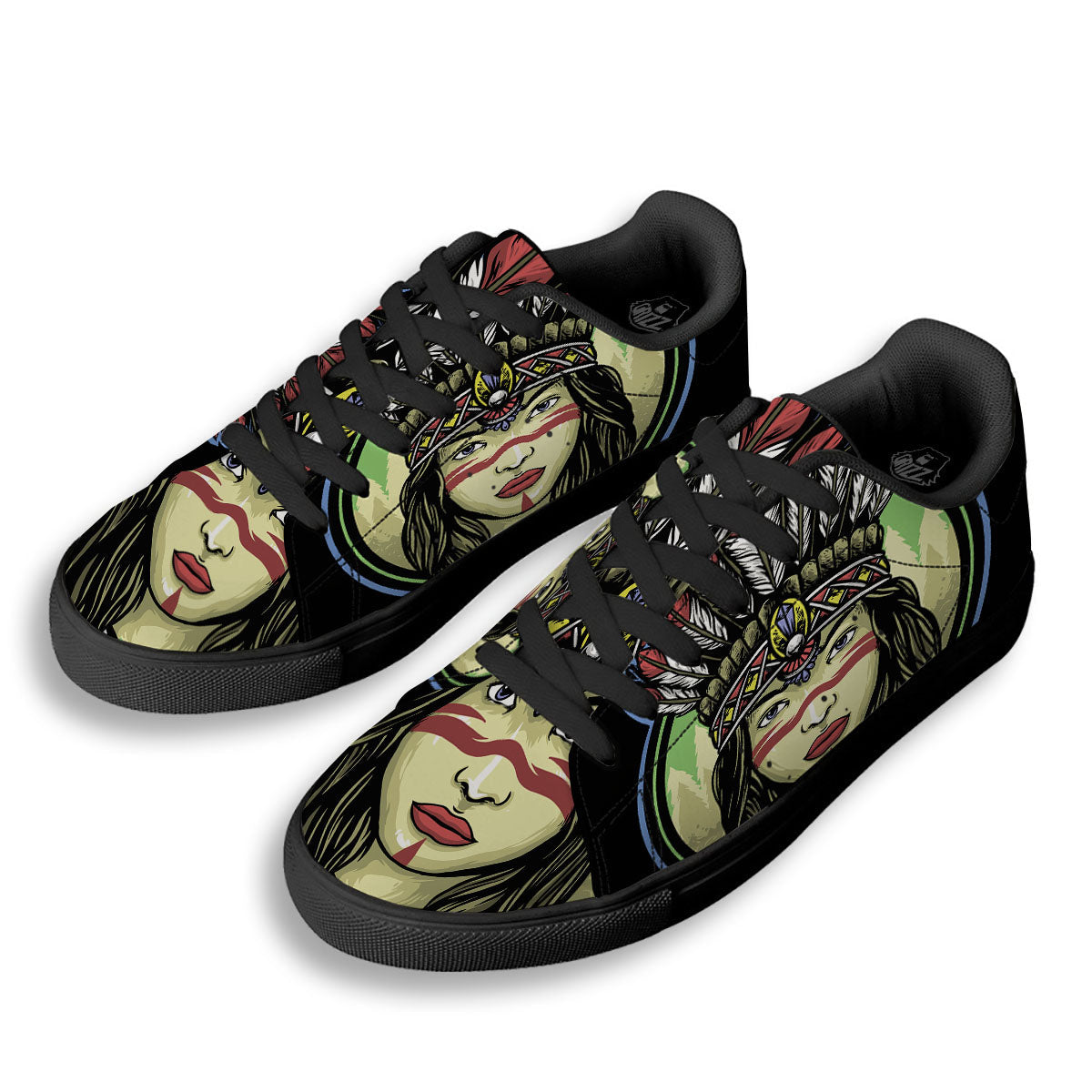 Woman Portrait Native Indian Print Black Low Top Sneakers-grizzshop