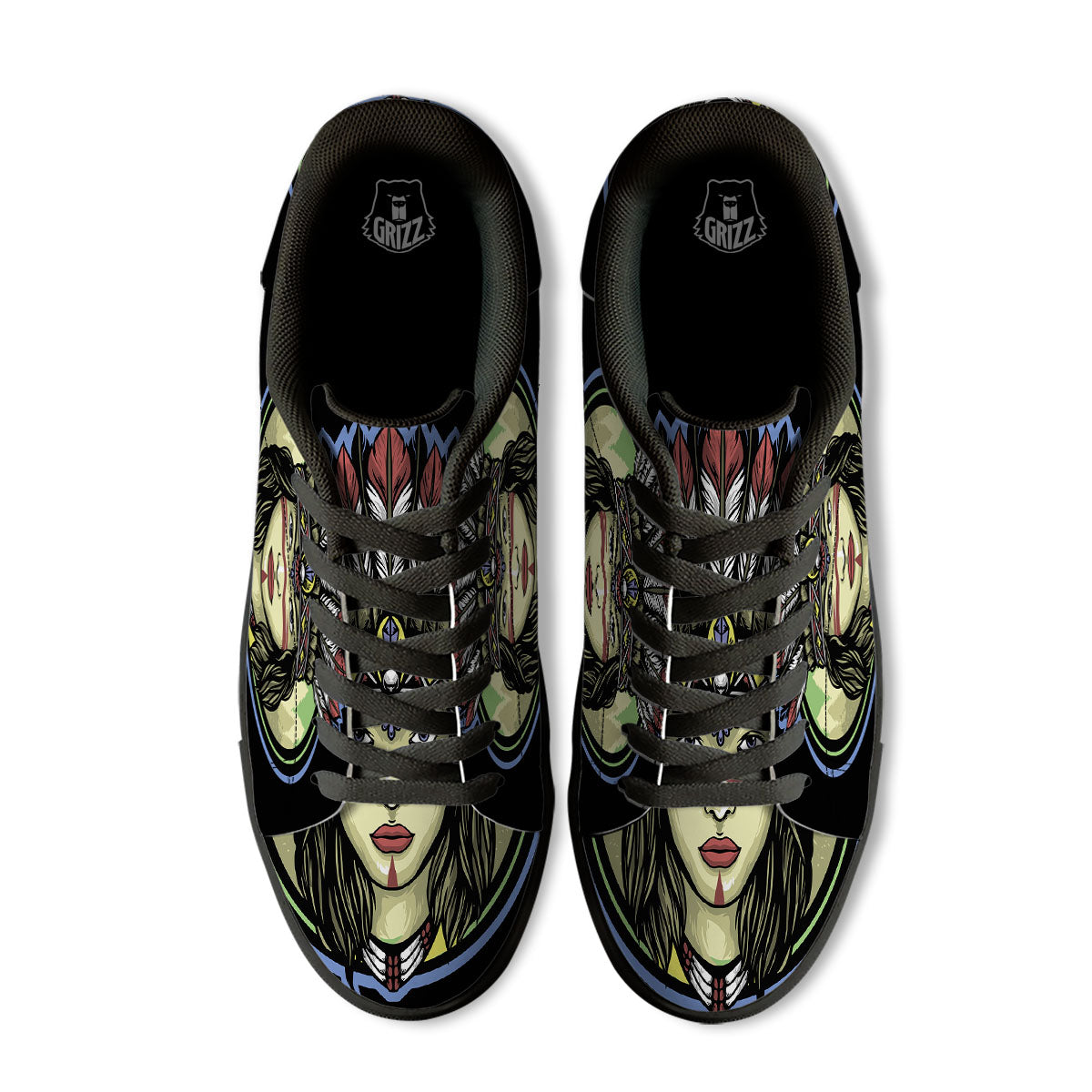 Woman Portrait Native Indian Print Black Low Top Sneakers-grizzshop