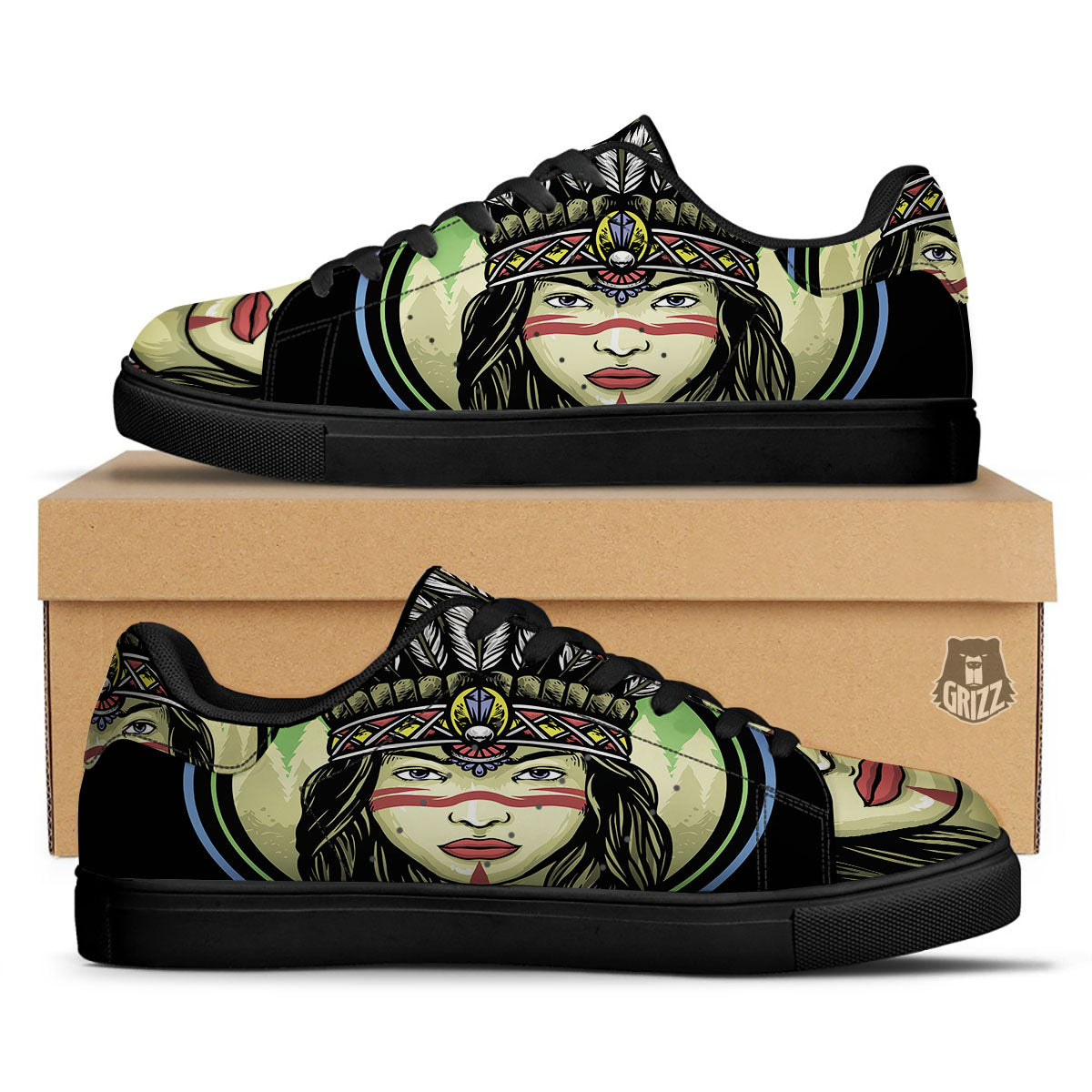 Woman Portrait Native Indian Print Black Low Top Sneakers-grizzshop