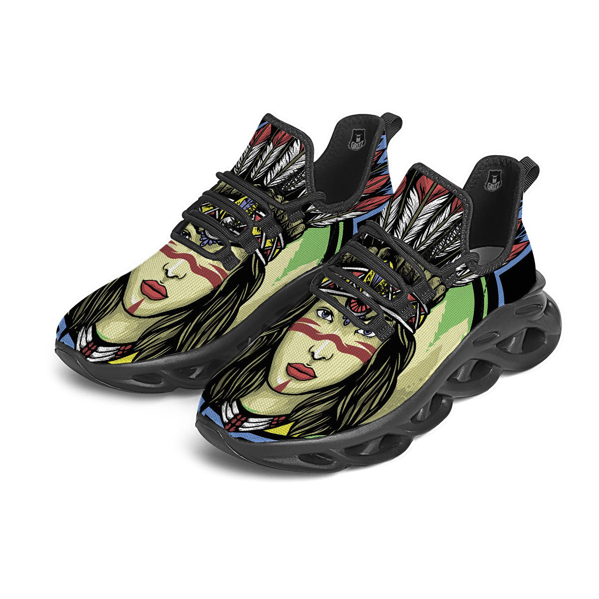 Woman Portrait Native Indian Print Black Running Shoes-grizzshop