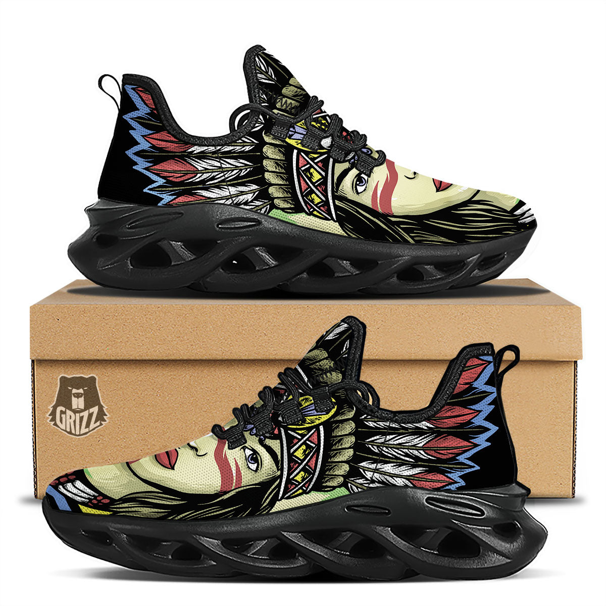 Woman Portrait Native Indian Print Black Running Shoes-grizzshop