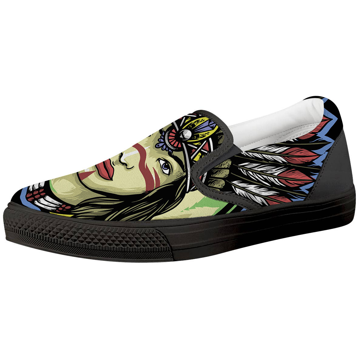 Woman Portrait Native Indian Print Black Slip On Shoes-grizzshop