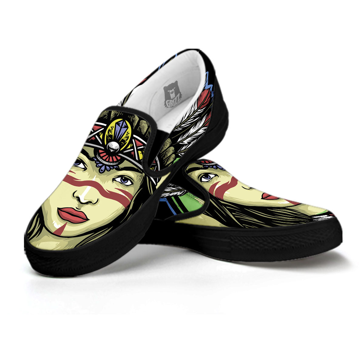 Woman Portrait Native Indian Print Black Slip On Shoes-grizzshop