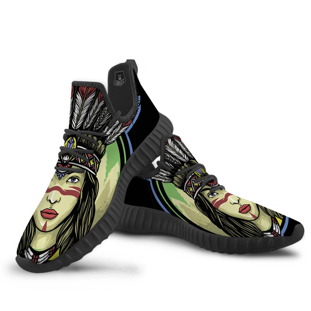 Woman Portrait Native Indian Print Black Walking Shoes-grizzshop