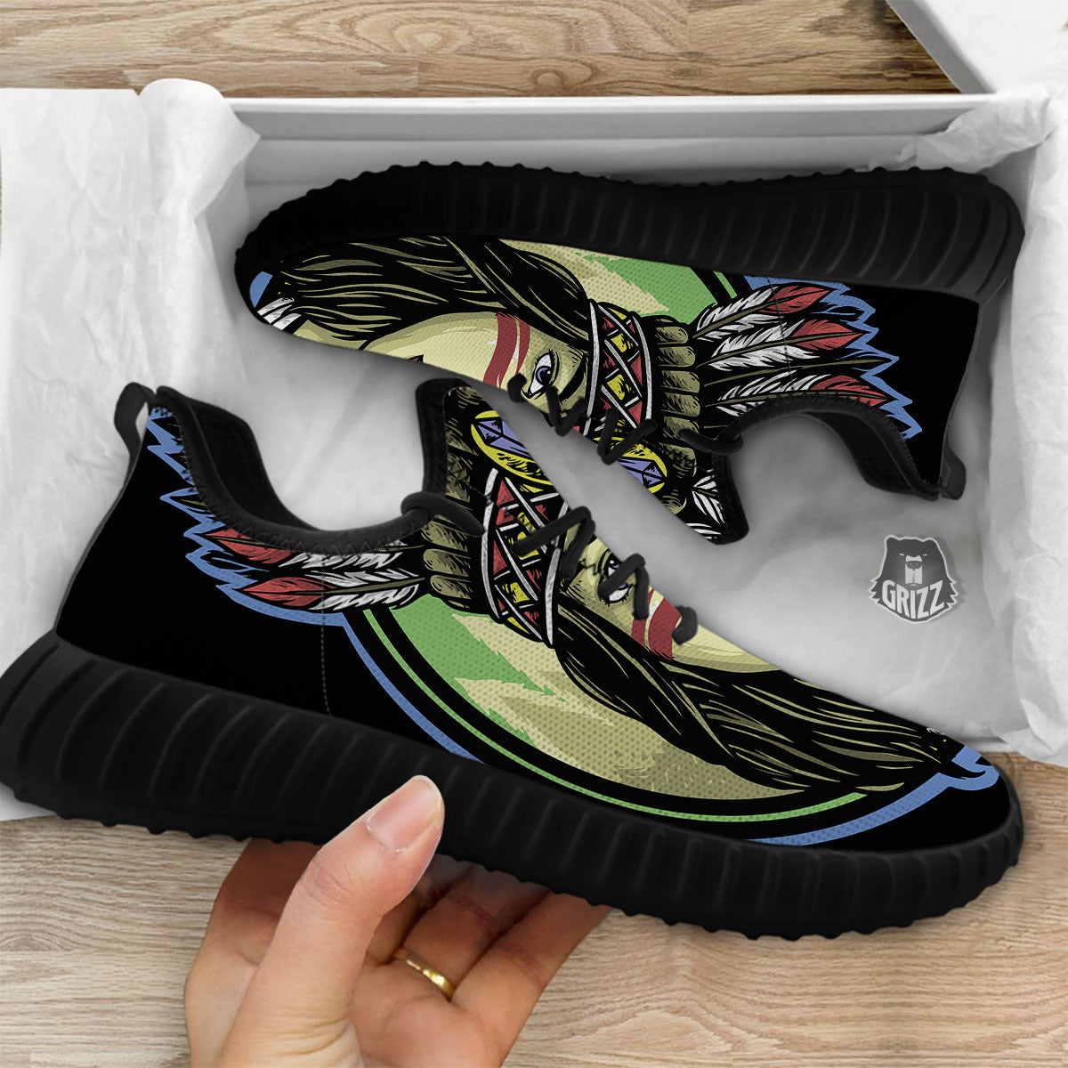 Woman Portrait Native Indian Print Black Walking Shoes-grizzshop