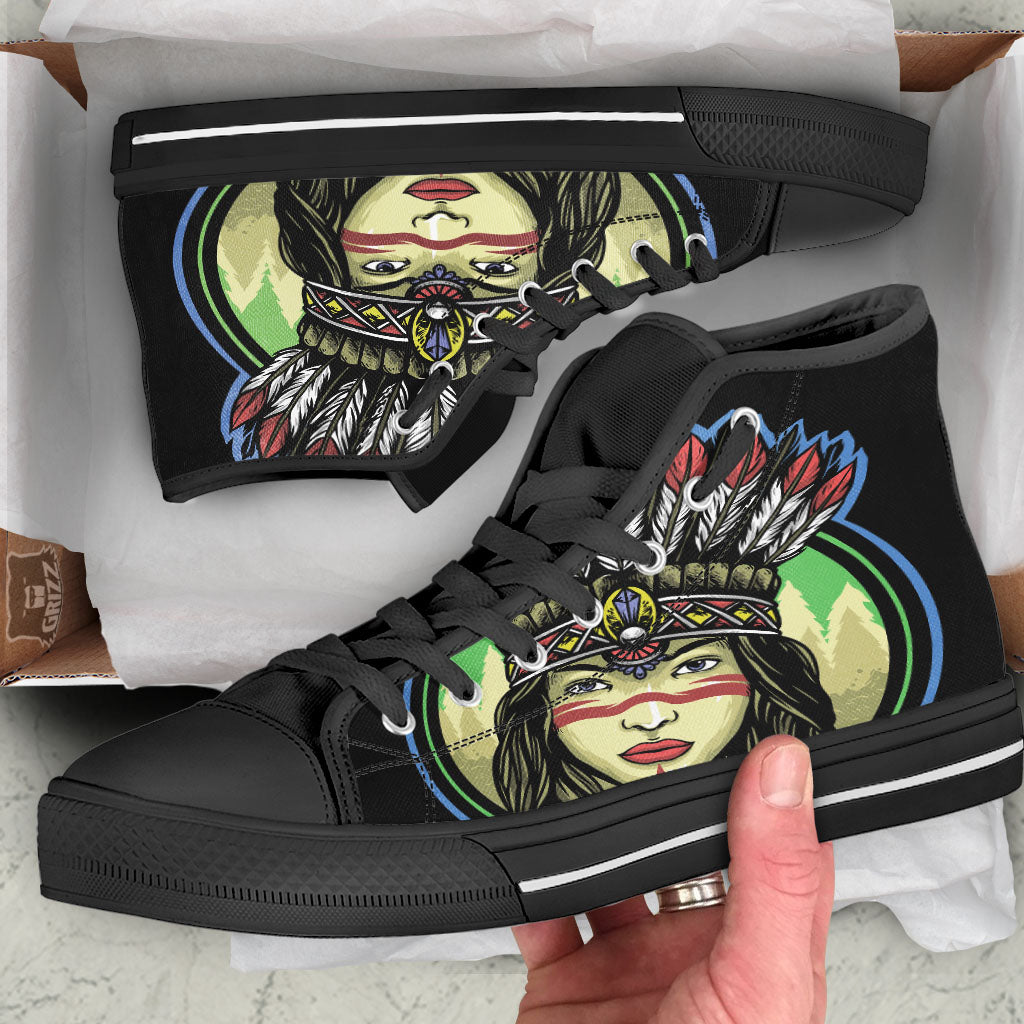 Woman Portrait Native Indian Print High Top Shoes-grizzshop