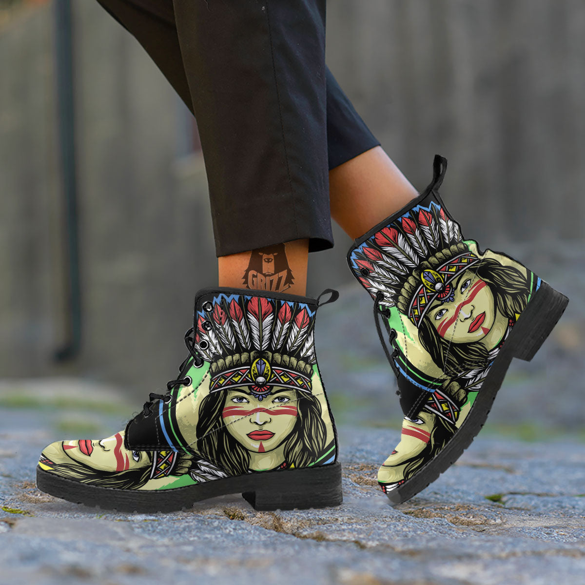 Woman Portrait Native Indian Print Leather Boots-grizzshop