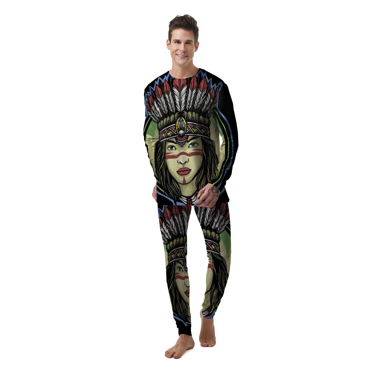 Woman Portrait Native Indian Print Men's Pajamas-grizzshop