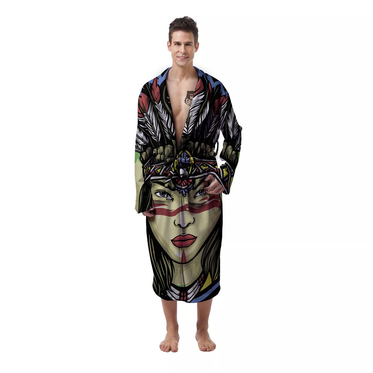 Woman Portrait Native Indian Print Men's Robe-grizzshop