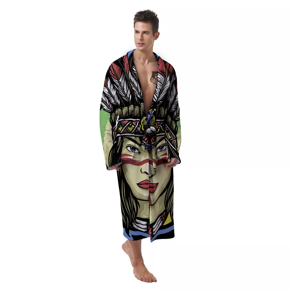 Woman Portrait Native Indian Print Men's Robe-grizzshop