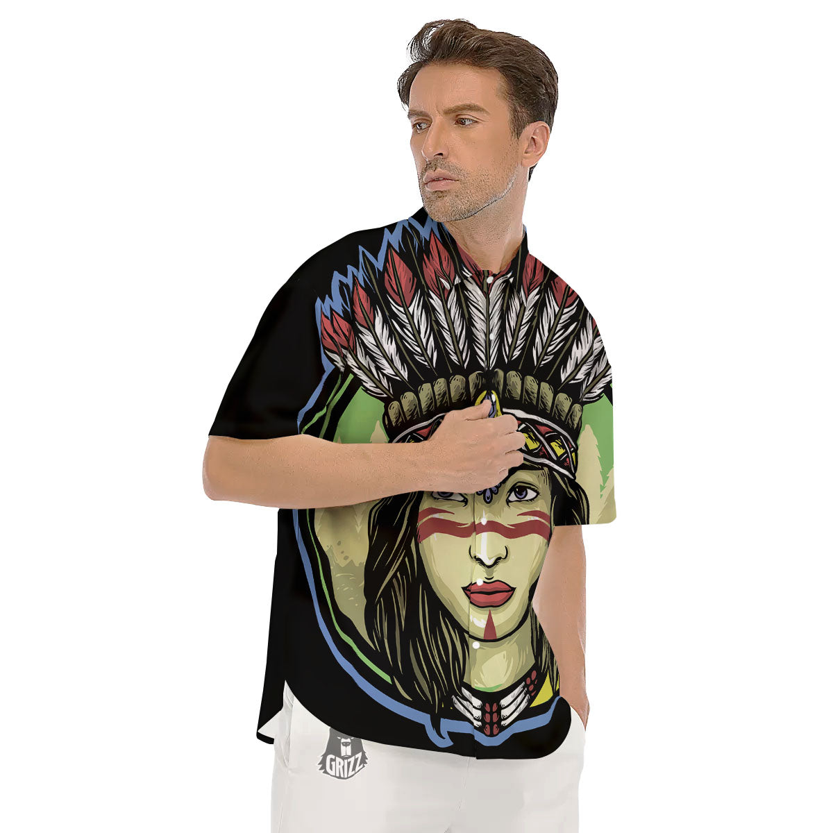 Woman Portrait Native Indian Print Men's Short Sleeve Shirts-grizzshop