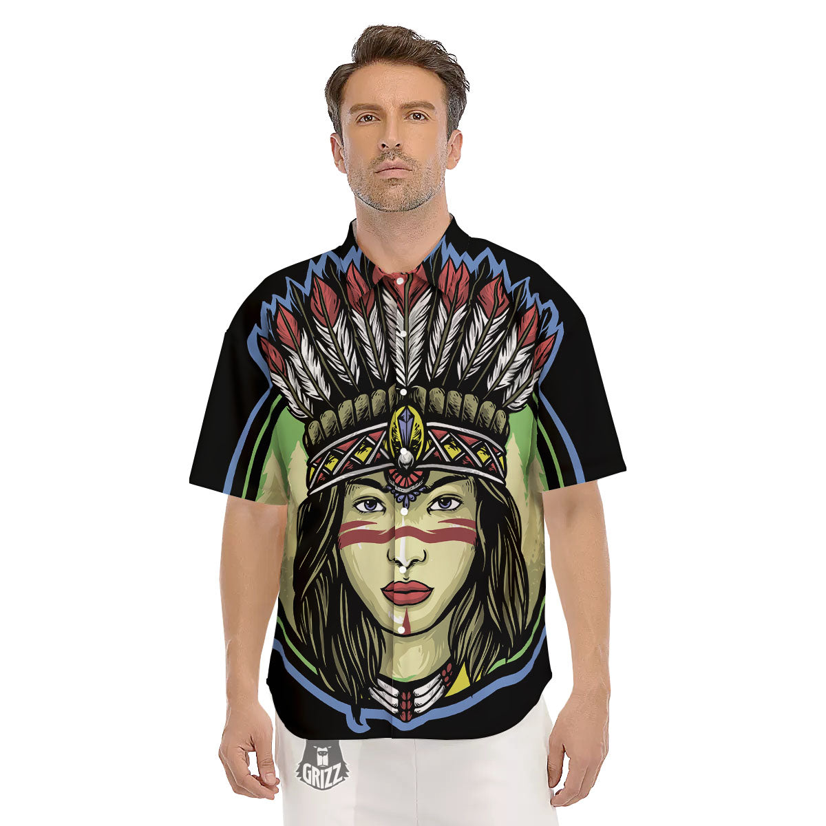Woman Portrait Native Indian Print Men's Short Sleeve Shirts-grizzshop