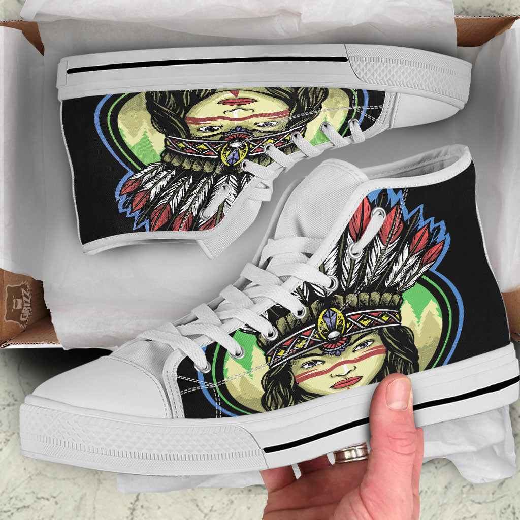 Woman Portrait Native Indian Print White High Top Shoes-grizzshop