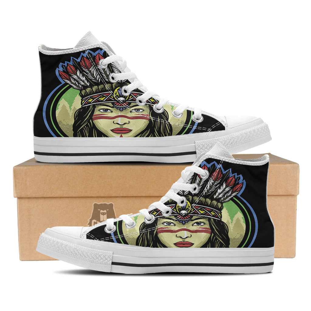 Woman Portrait Native Indian Print White High Top Shoes-grizzshop