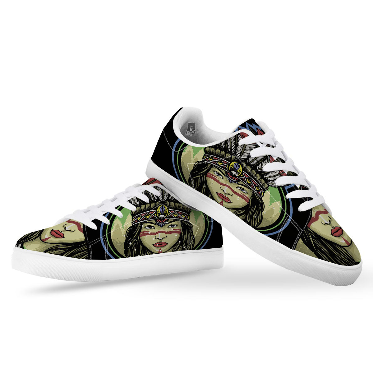Woman Portrait Native Indian Print White Low Top Sneakers-grizzshop
