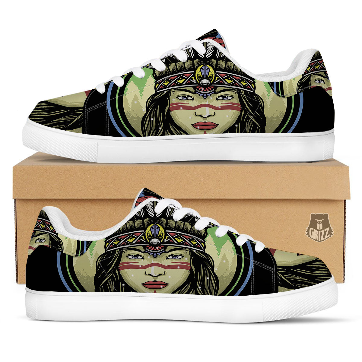 Woman Portrait Native Indian Print White Low Top Sneakers-grizzshop