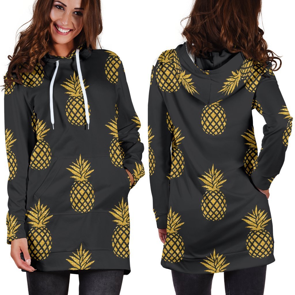 Women Black Gold Pineapple Hawaiian Hoodie Dress Print-grizzshop