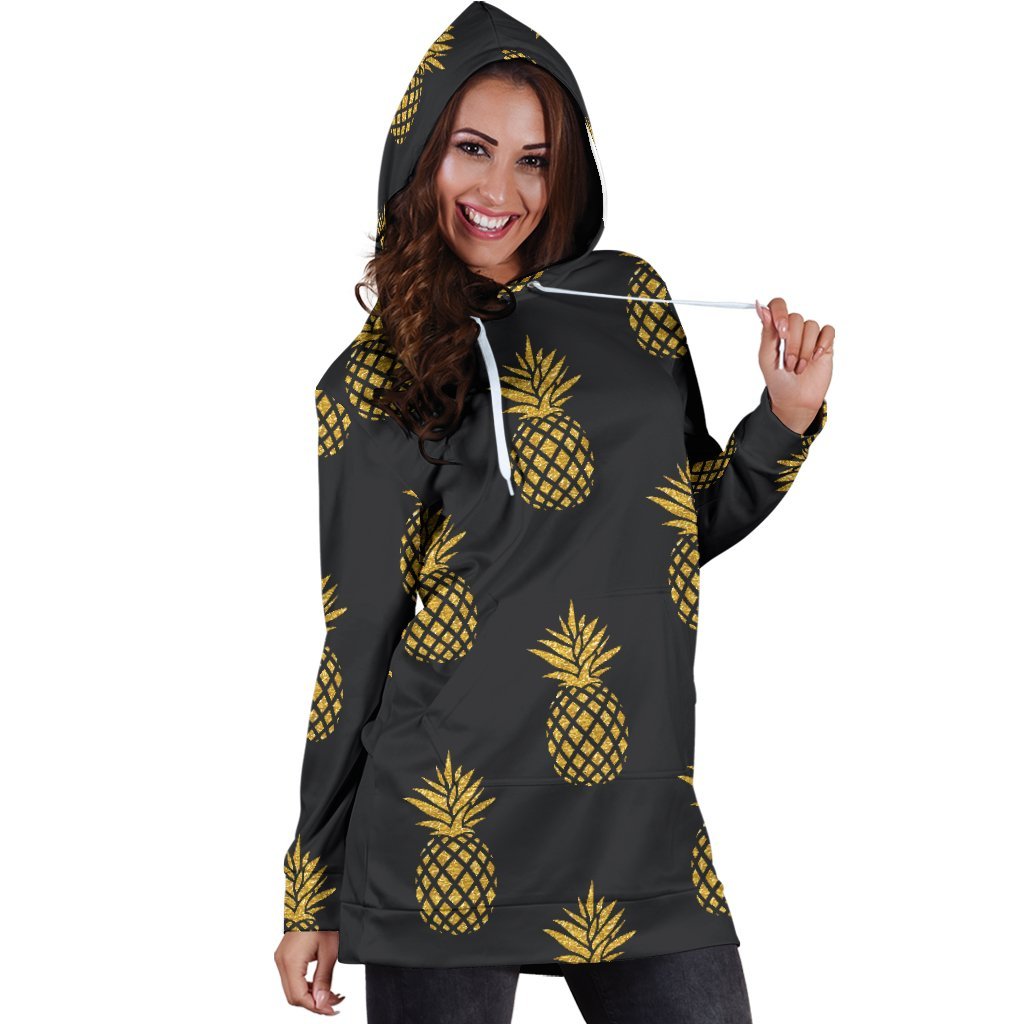 Women Black Gold Pineapple Hawaiian Hoodie Dress Print-grizzshop