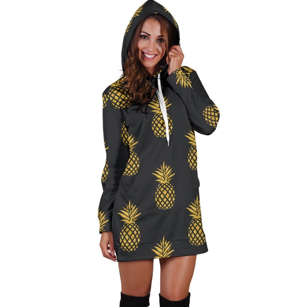 Women Black Gold Pineapple Hawaiian Hoodie Dress Print-grizzshop