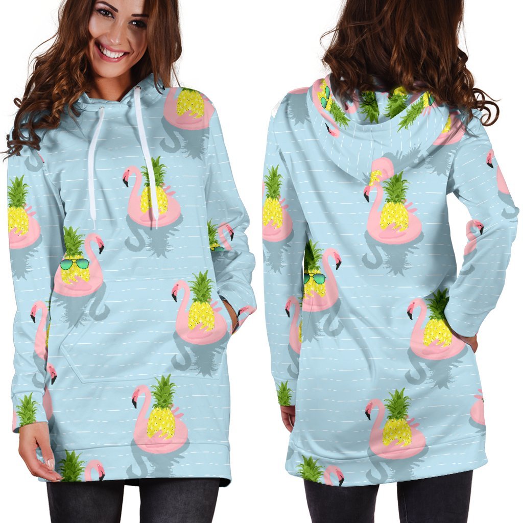 Women Blue Flamingo Pineapple Hoodie Dress Print-grizzshop