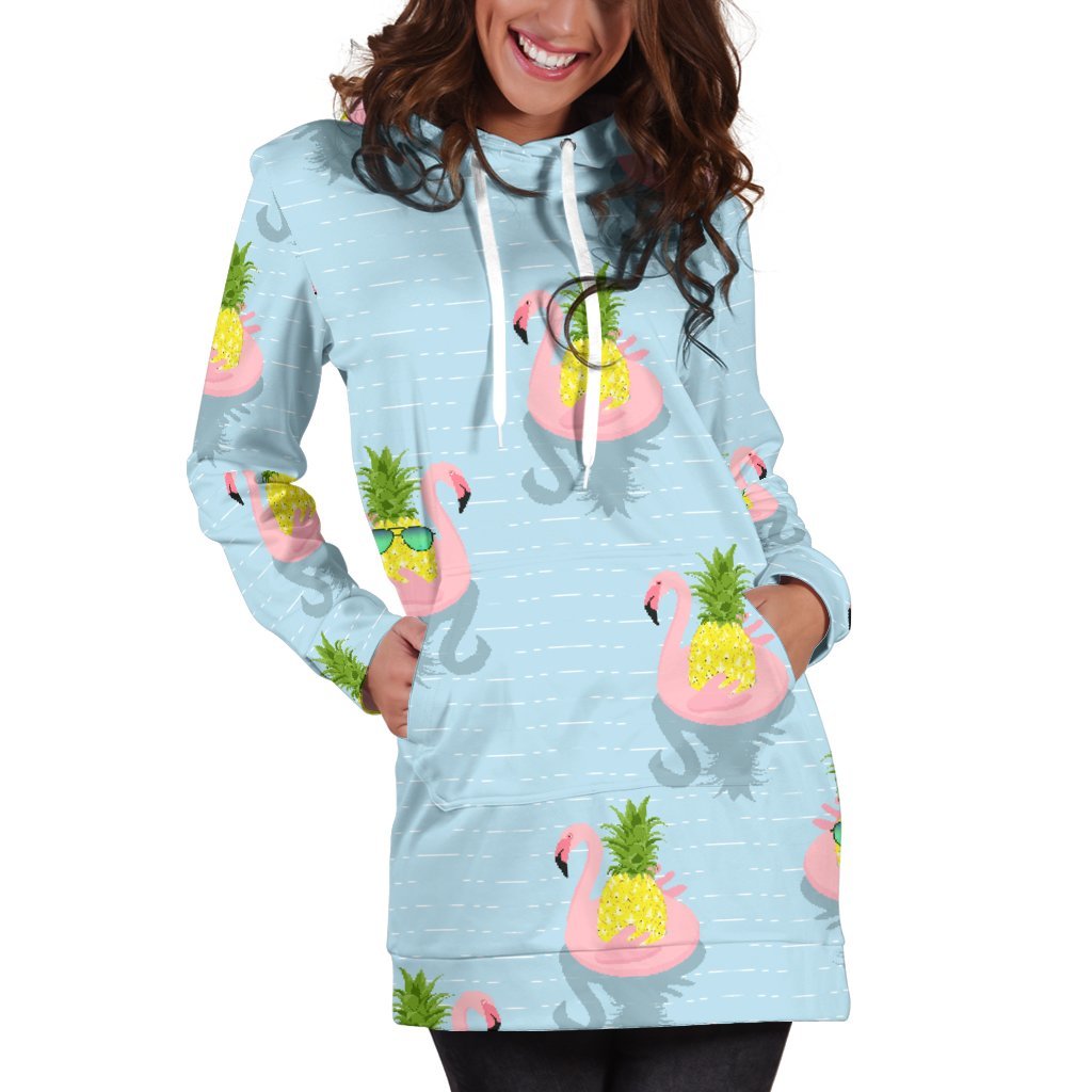 Women Blue Flamingo Pineapple Hoodie Dress Print-grizzshop