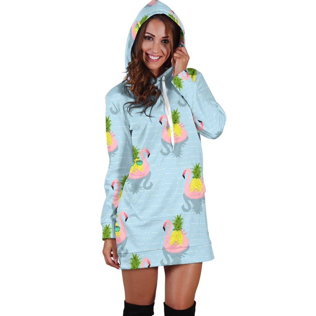 Women Blue Flamingo Pineapple Hoodie Dress Print-grizzshop
