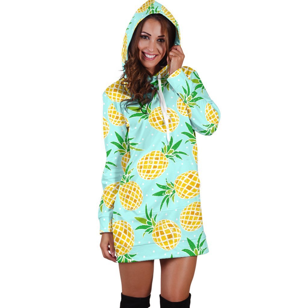 Women Blue Sky Polkadot Pineapple Hoodie Dress Print-grizzshop