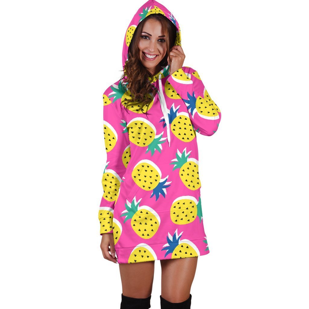 Women Cute Pink Pineapple Hoodie Dress Print-grizzshop