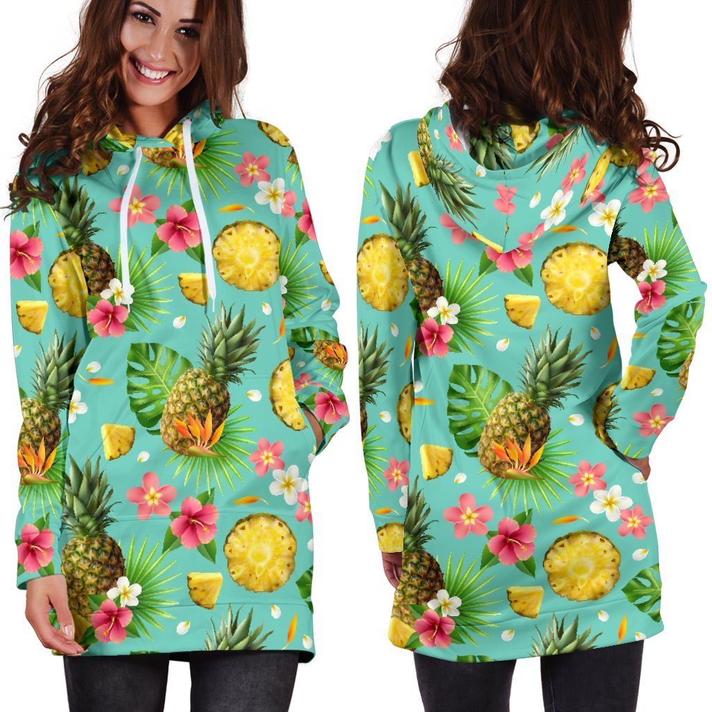 Women Green Hibiscus Pineapple Hawaiian Hoodie Dress Print-grizzshop