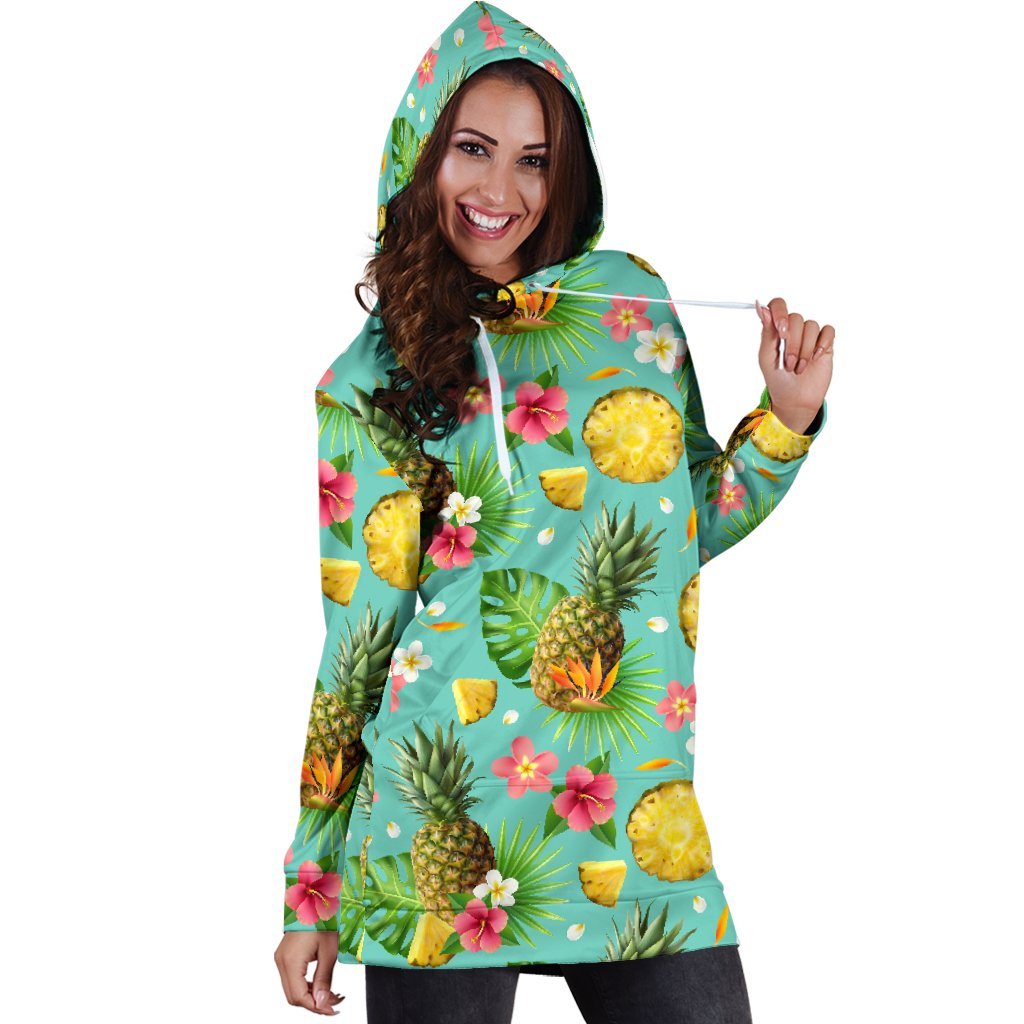 Women Green Hibiscus Pineapple Hawaiian Hoodie Dress Print-grizzshop