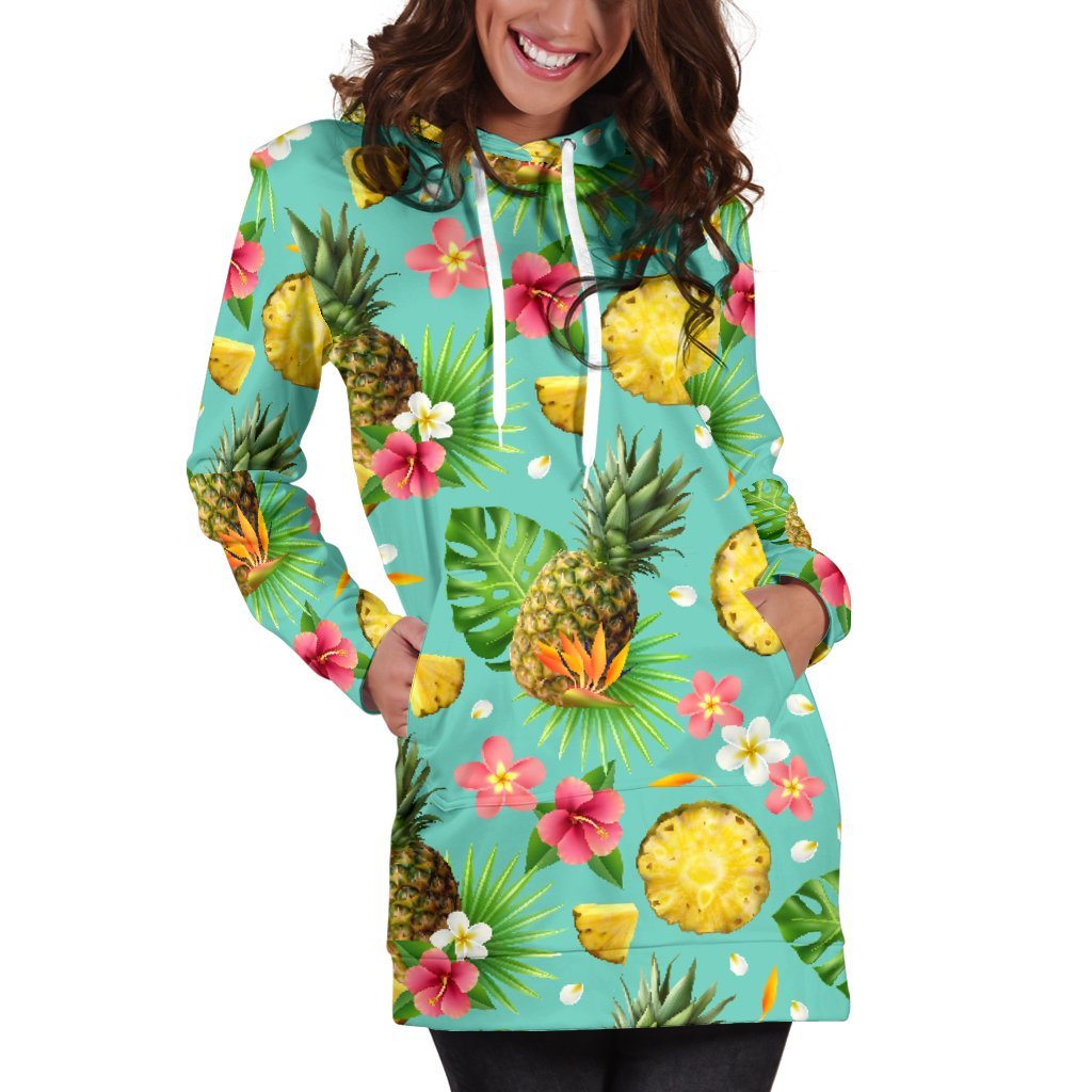 Women Green Hibiscus Pineapple Hawaiian Hoodie Dress Print-grizzshop