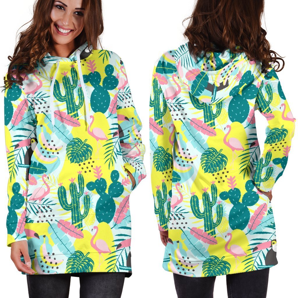 Women Jungle Flamingo Cactus Pineapple Hoodie Dress Print-grizzshop