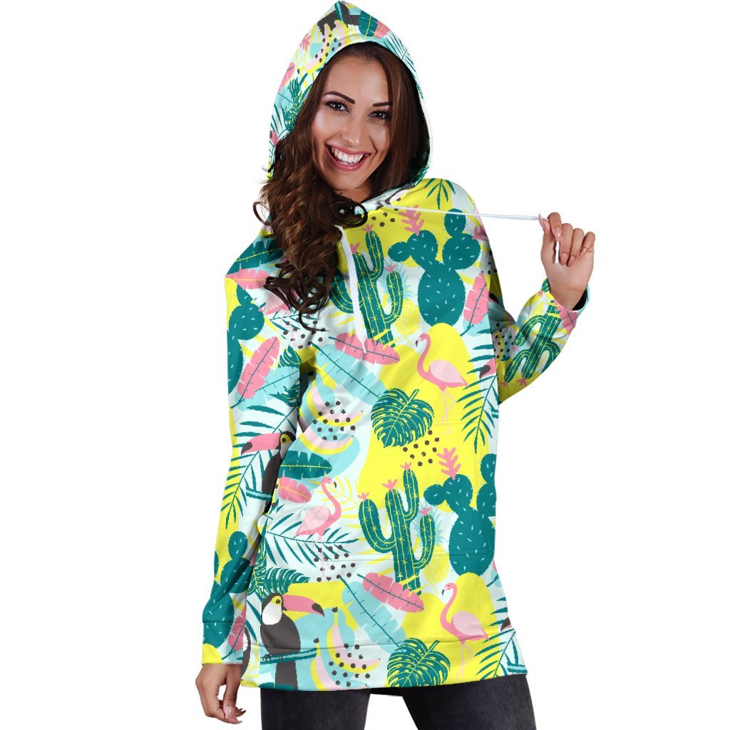 Women Jungle Flamingo Cactus Pineapple Hoodie Dress Print-grizzshop