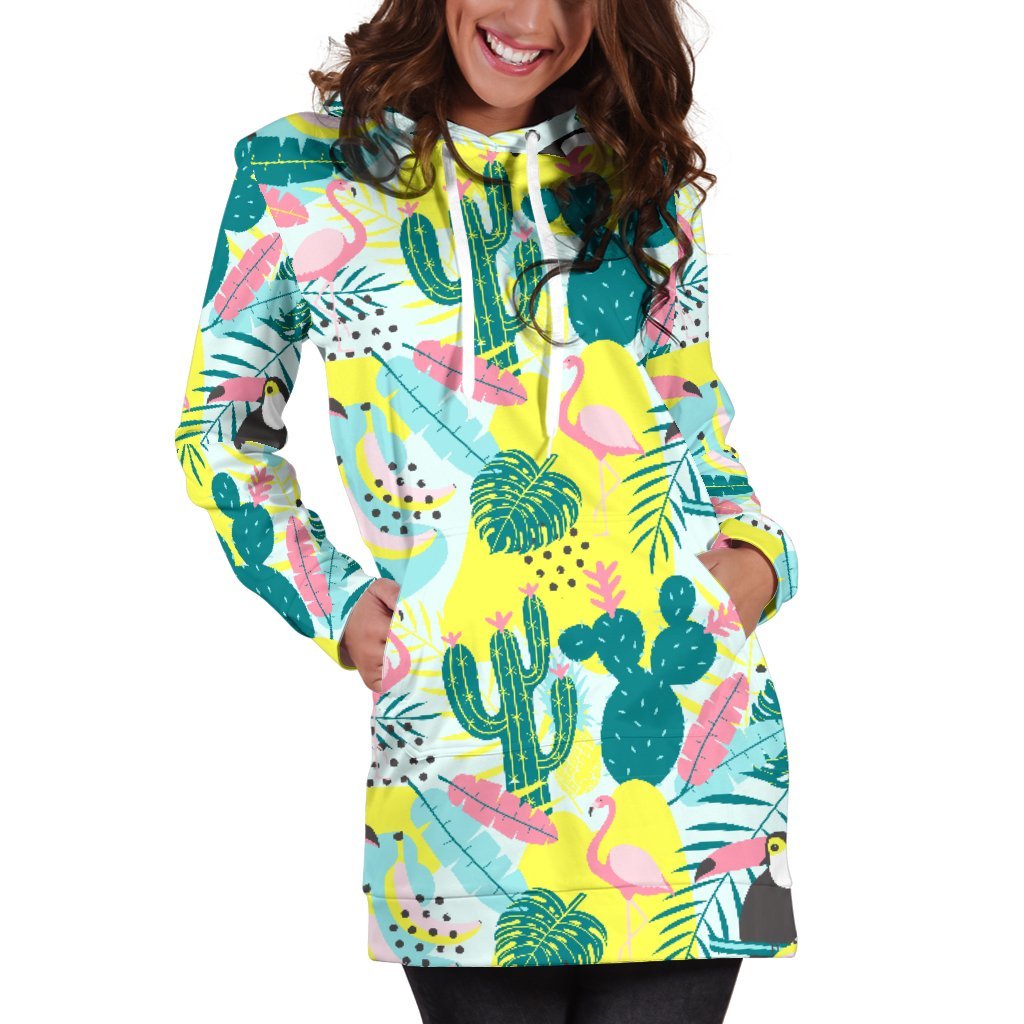Women Jungle Flamingo Cactus Pineapple Hoodie Dress Print-grizzshop
