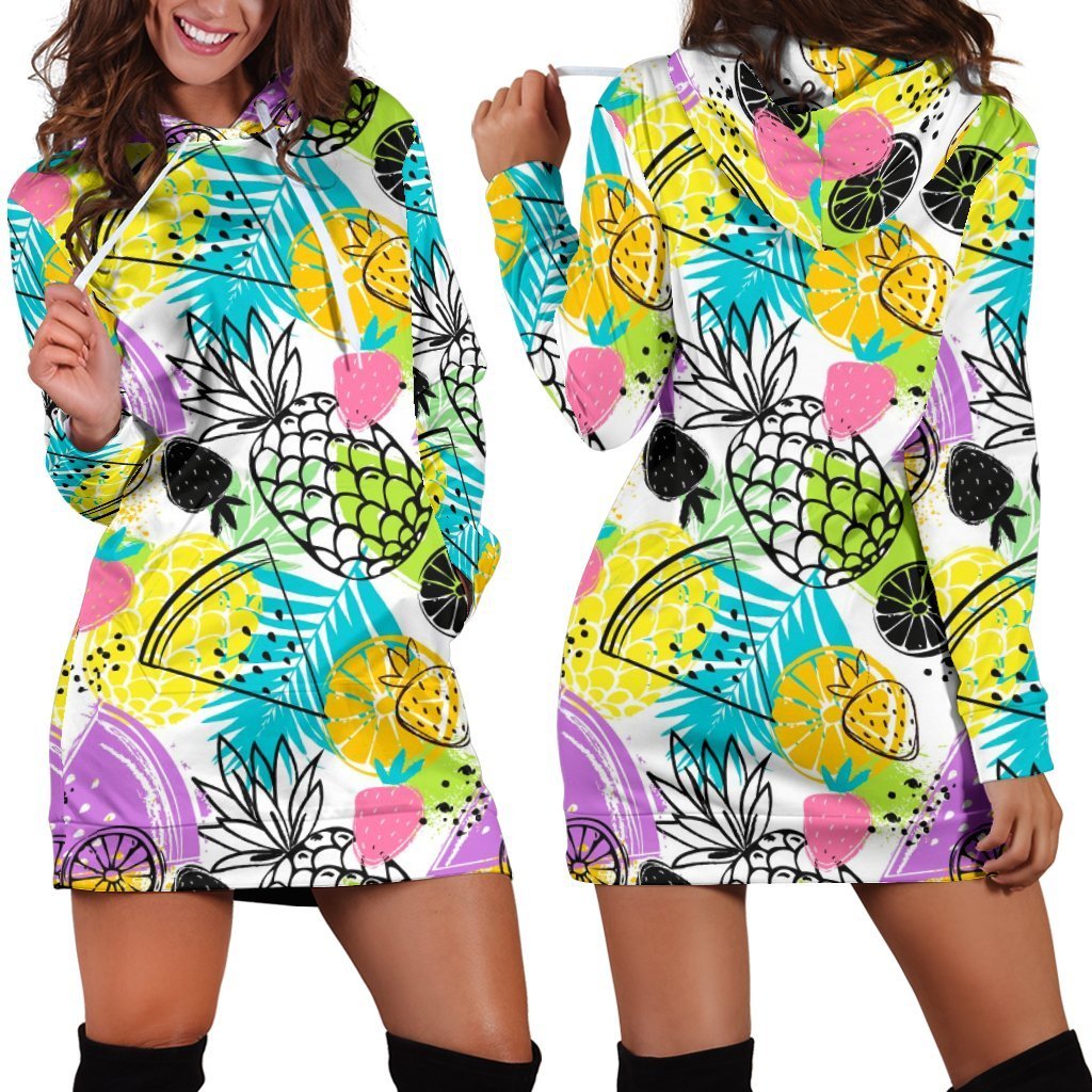 Women Multi fruite Drawing Pineapple Hoodie Dress Print-grizzshop