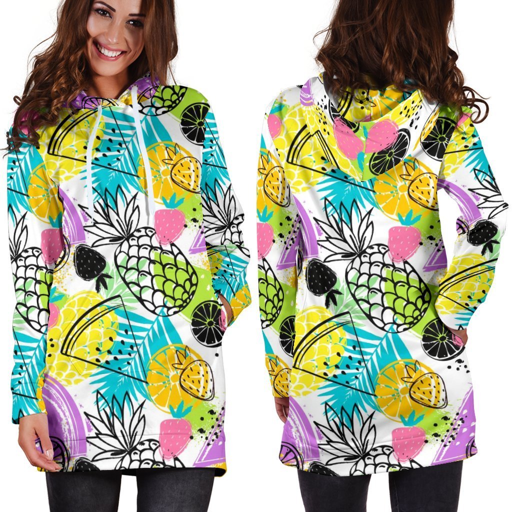 Women Multi fruite Drawing Pineapple Hoodie Dress Print-grizzshop