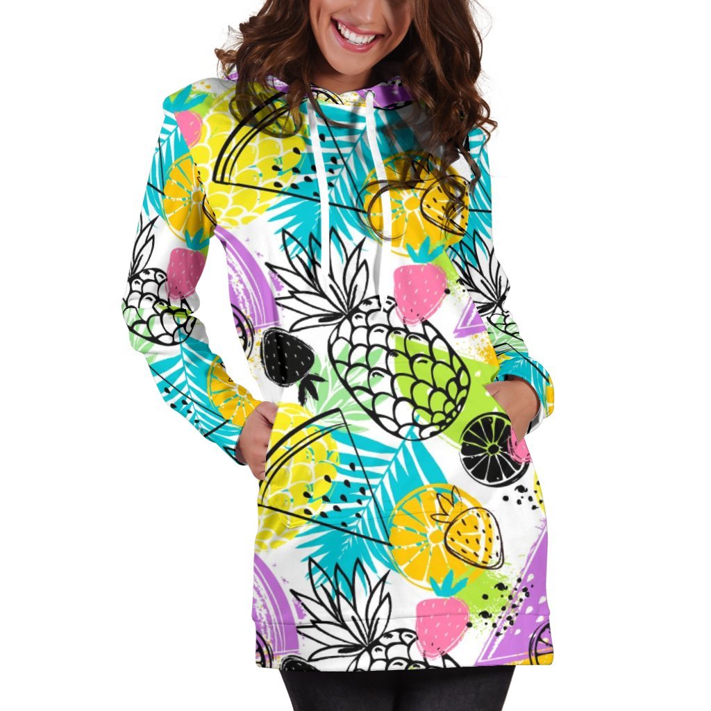 Women Multi fruite Drawing Pineapple Hoodie Dress Print-grizzshop