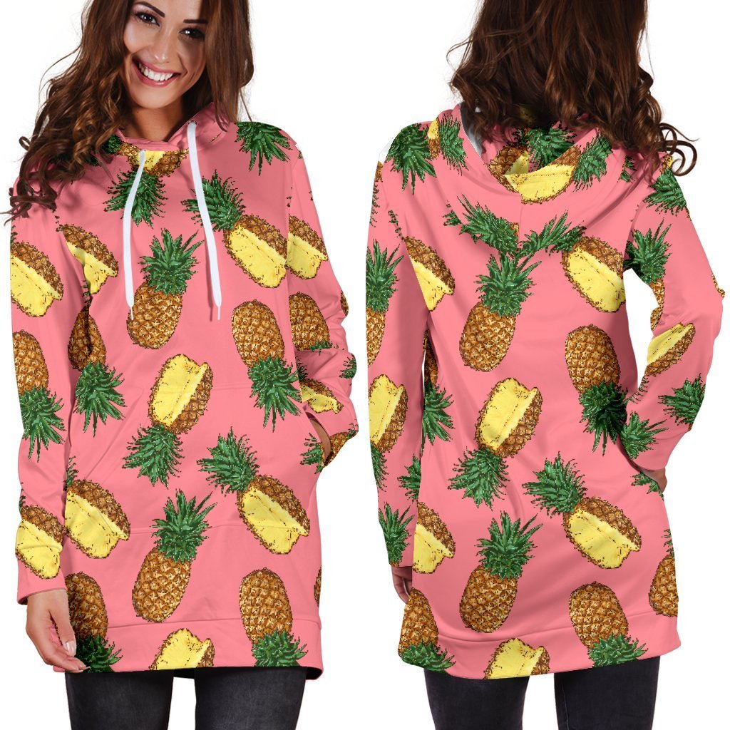 Women Pink Cutting Pineapple Hoodie Dress Print-grizzshop