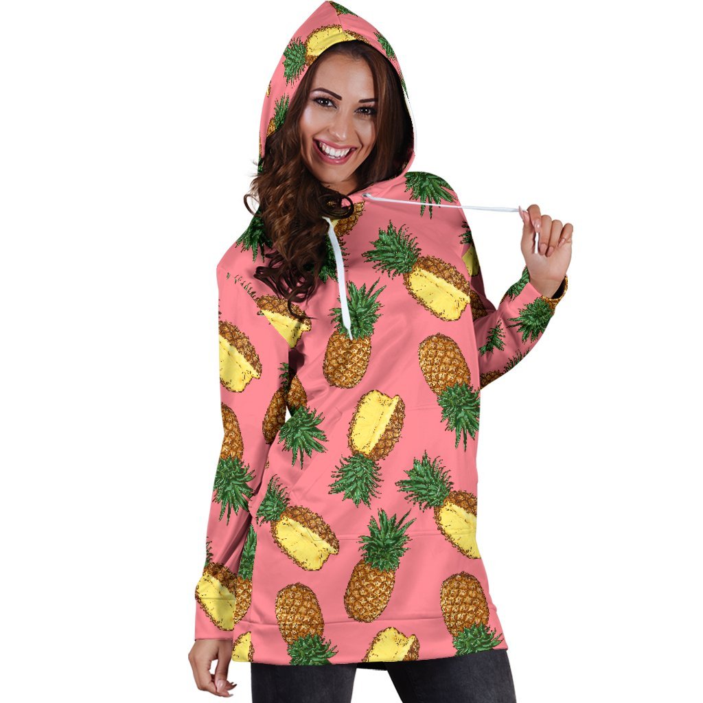 Women Pink Cutting Pineapple Hoodie Dress Print-grizzshop