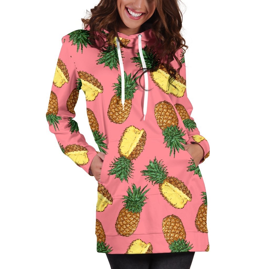 Women Pink Cutting Pineapple Hoodie Dress Print-grizzshop
