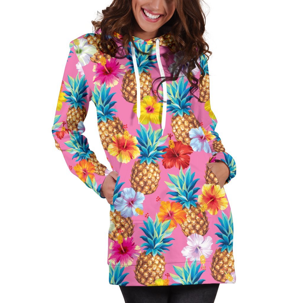 Women Pink Hibiscus Pineapple Hawaiian Hoodie Dress Print-grizzshop