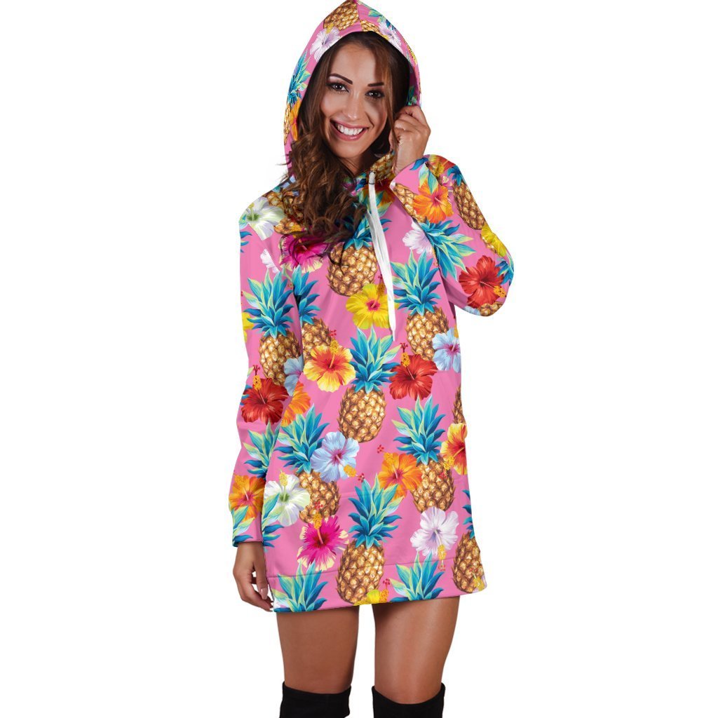 Women Pink Hibiscus Pineapple Hawaiian Hoodie Dress Print-grizzshop