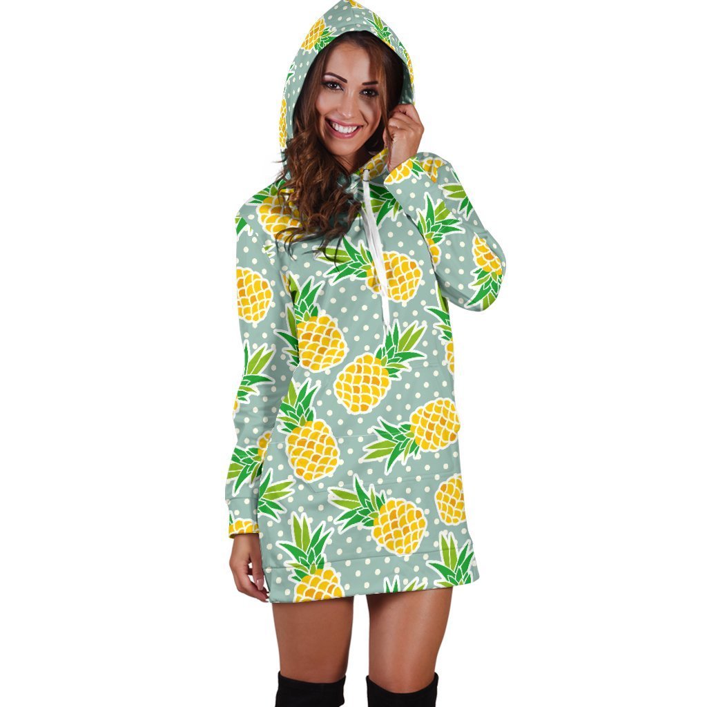 Women Polkadot Green Pineapple Hoodie Dress Print-grizzshop