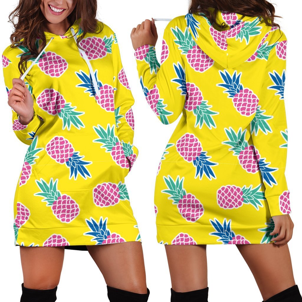 Women Purple Yellow Pineapple Hoodie Dress Print-grizzshop